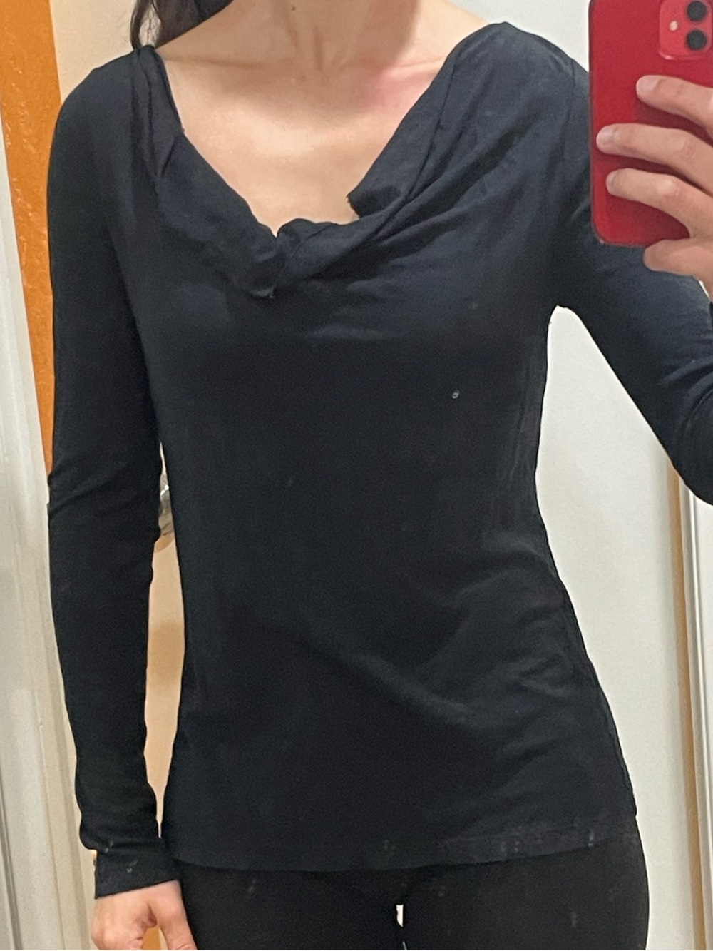 7 For All Mankind Black Long-Sleeve Cowl Neck Top